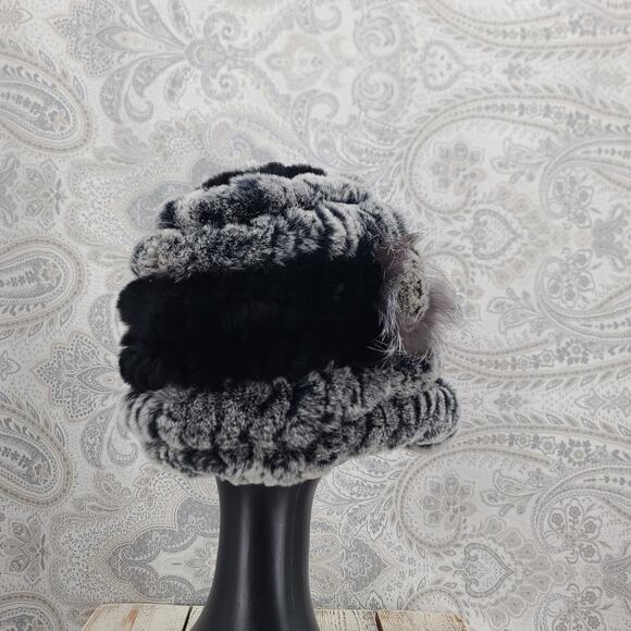 Russian Winter Rex Rabbit fur brimmed peaked hat black/gray Mob Wife Luxury - Picture 5 of 8